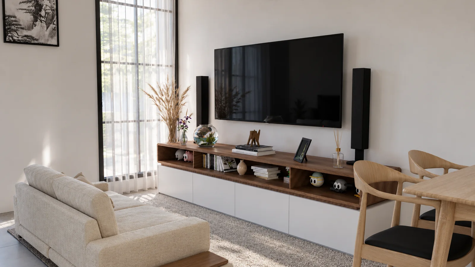 Ruang keluarga Nagoya dengan sofa krem, televisi, kabinet kayu, dan jendela tinggi