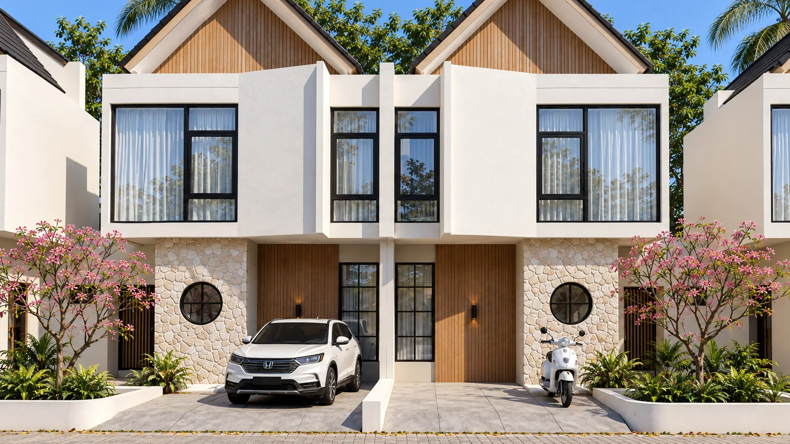 Rumah Nagoya dengan fasad batu alam dan sentuhan kayu